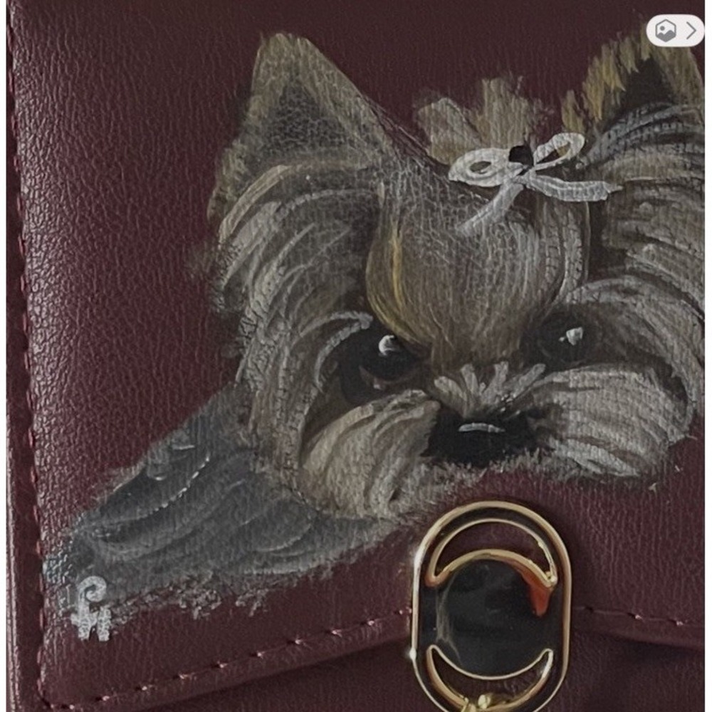 Burgundy Crossbody Bag Handpainted Yorkie Artist Initialed Wallet Purse NWOT